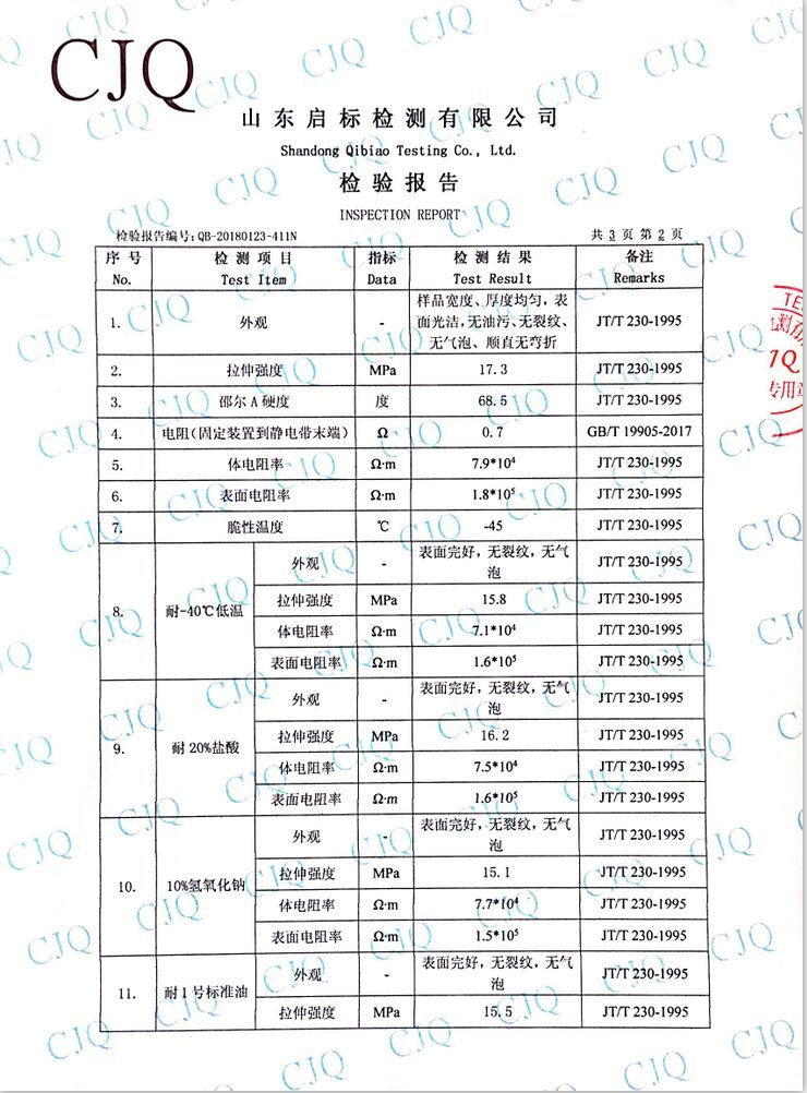 2018年HTY1250型静电拖地带检验报告